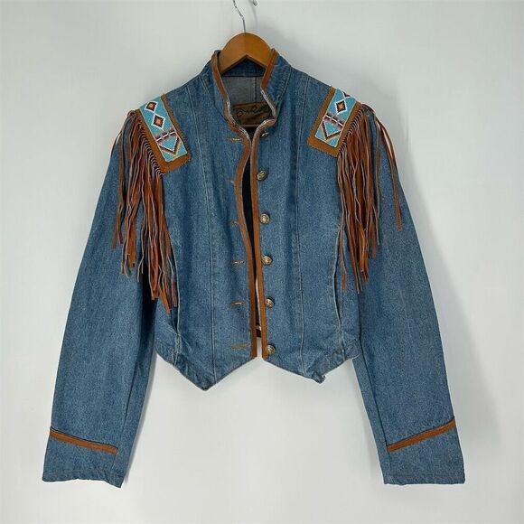 Vintage Frontier Collection Western Beaded Fringe Denim Biker Jacket, Size M - Picture 1 of 16